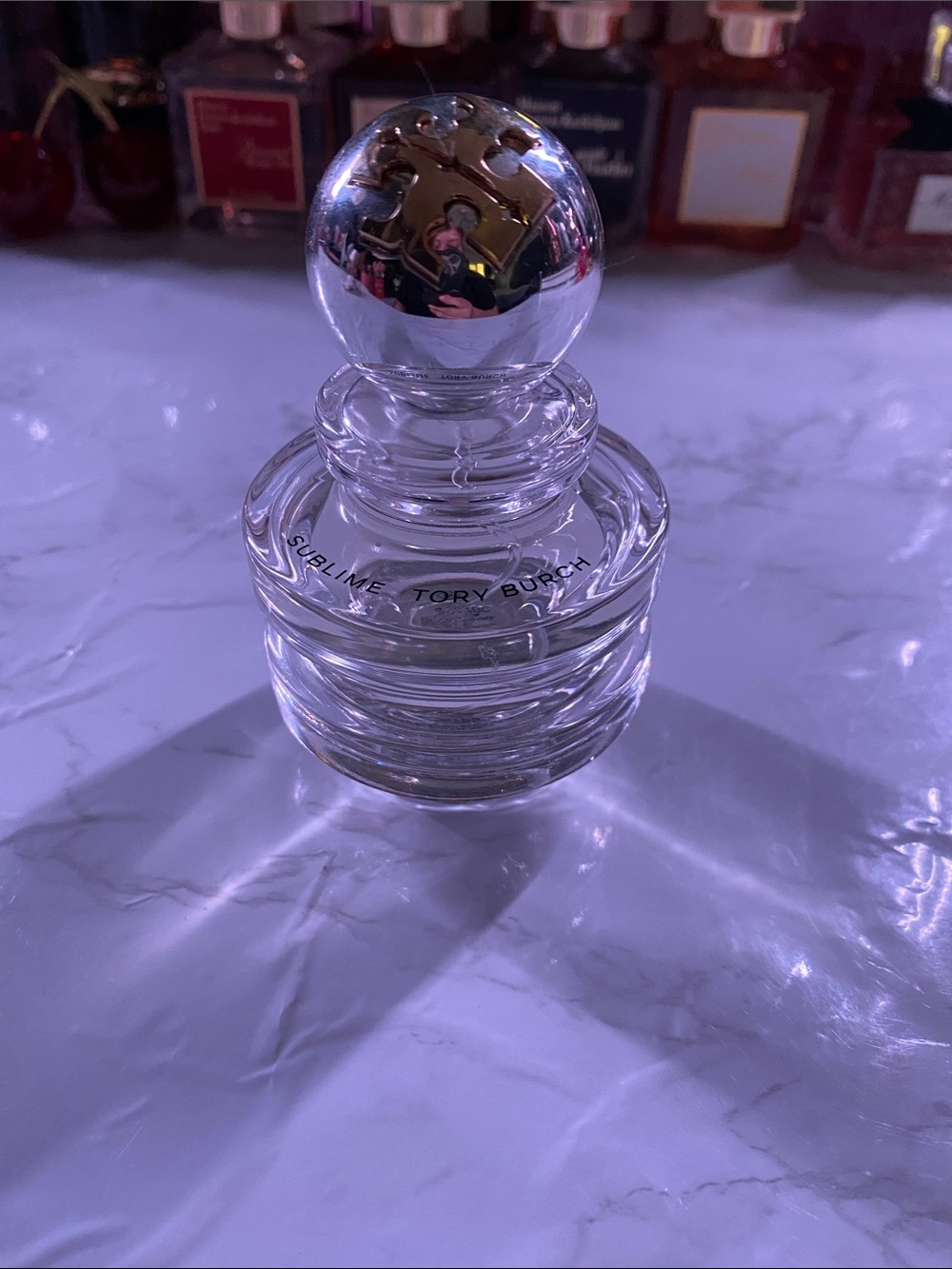 Tory Burch Clear Glass Decorative Perfume Bottle with Gold Logo Stopper